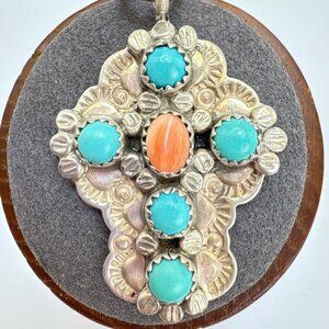 VTG James Shay Navajo Turquoise Coral Concho Design Cross Sterling Silver 925 2"